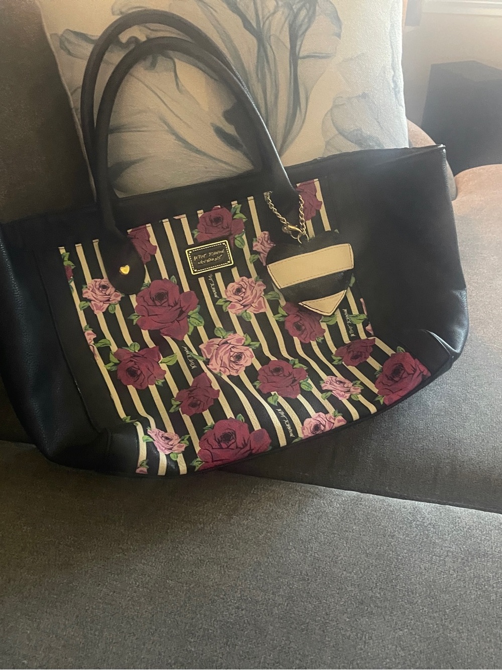 Betsey Johnson Black Tote with Pink Floral Stripe Panel